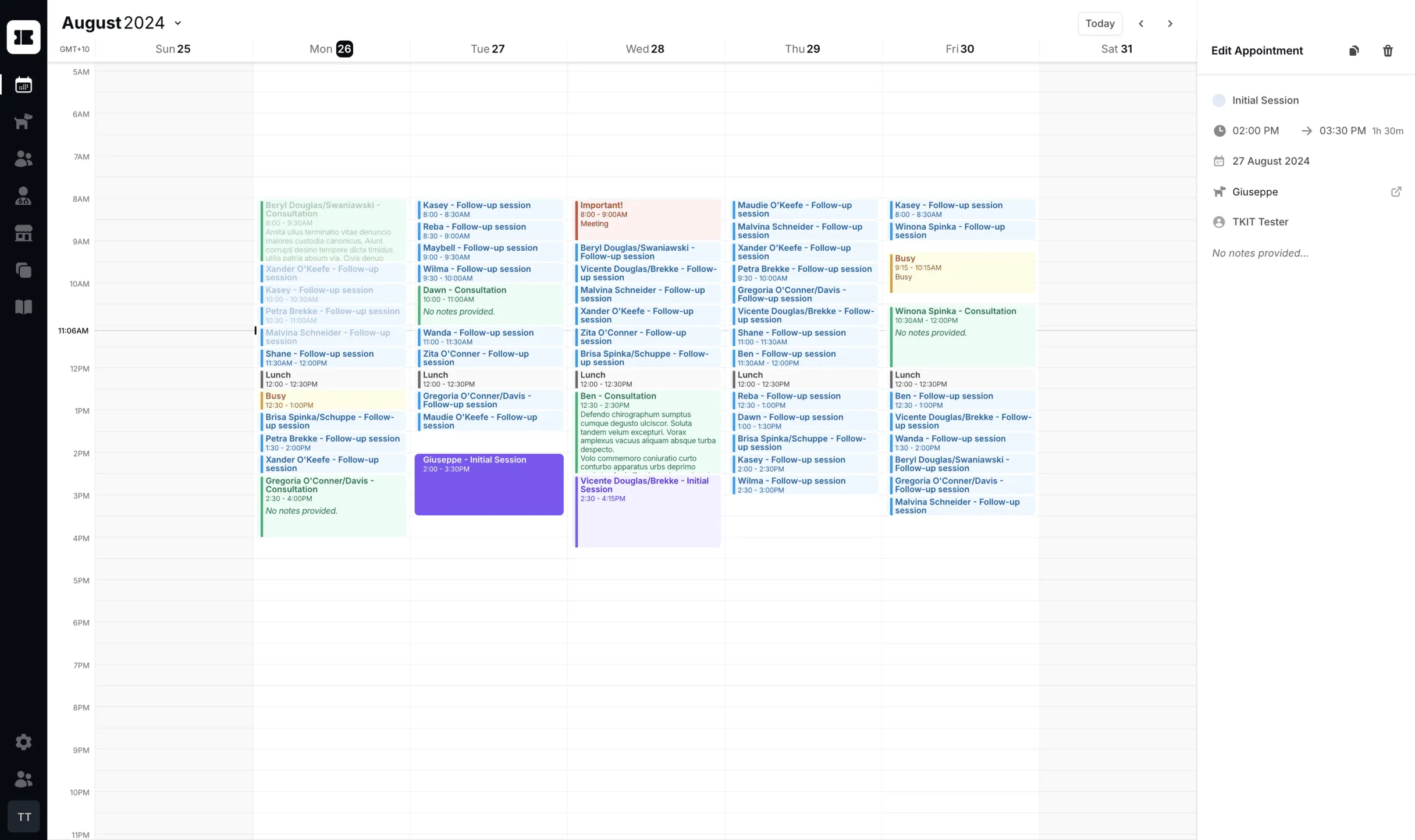 TKIT dashboard showing appointment calendar and client management interface